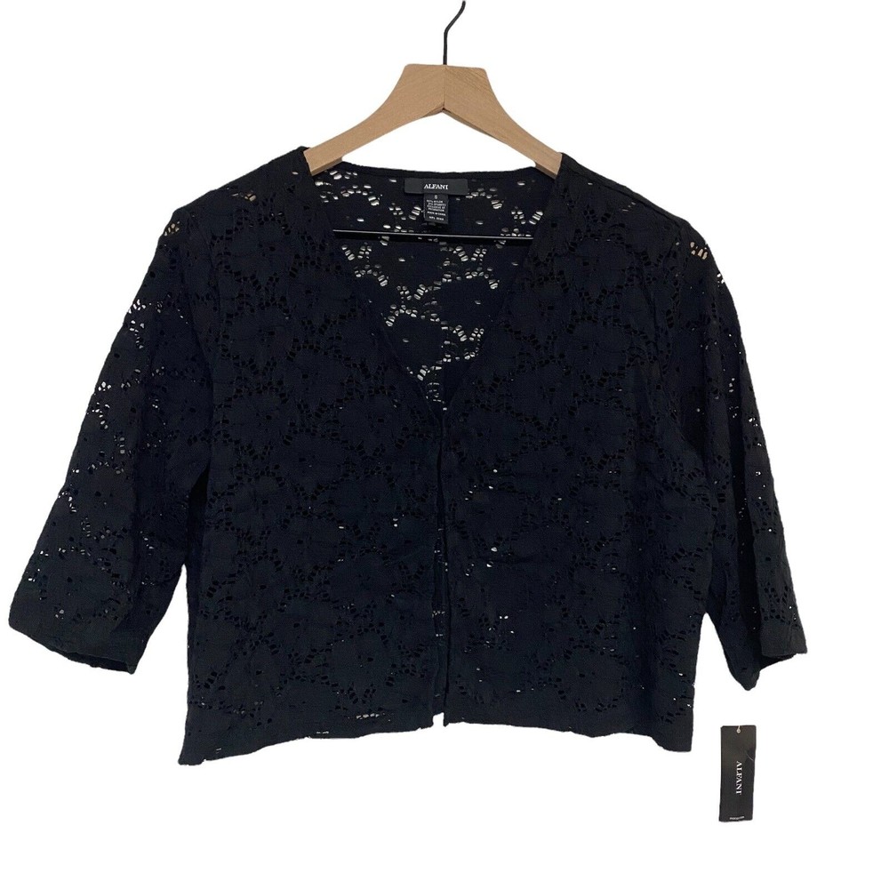 NWT Alfani Black Lace Cropped Cardigan Womens Size Small Shore Lines 3/4 Sleeve